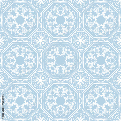 Blue and white patterned surface with geometric shapes