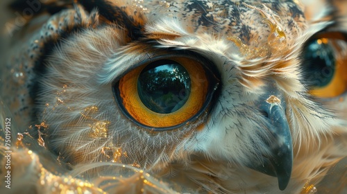  a close up of an owl's eye with gold flecks on it's body and an orange and yellow center piece of the owl's eye.