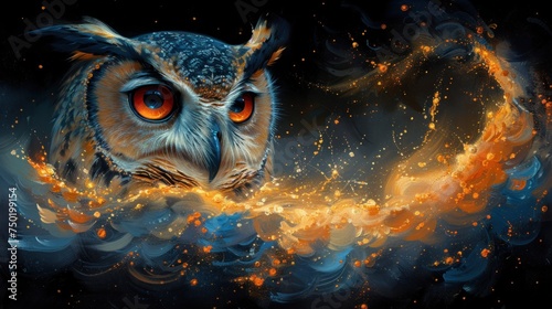  a painting of an owl's head with orange eyes on a black background with fire and smoke swirling around the owl's head, with a bright orange glow in the center of its eyes.