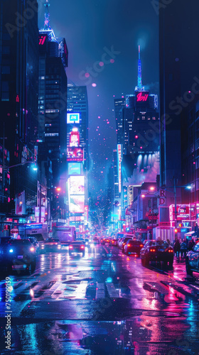 Neon-lit wet street in urban cityscape - A vibrant city street bathed in neon lights reflecting on wet pavement  capturing the energy of urban nightlife