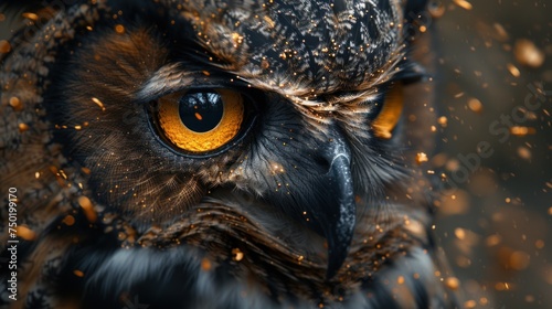  a close up of an owl's face with a lot of yellow and black speckles on it's eyes and a black background with gold flecks.