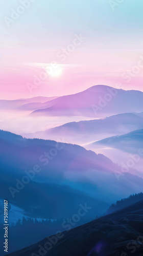 Pastel dawn mist over gentle mountain slopes - Soft pastel colors paint a dreamy dawn scene, where gentle mist wraps around mountain slopes, inviting a sense of wonder and stillness