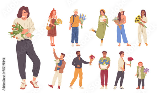 Cartoon young people characters holding flowers bouquets wrapped in festive paper prepared for gifts