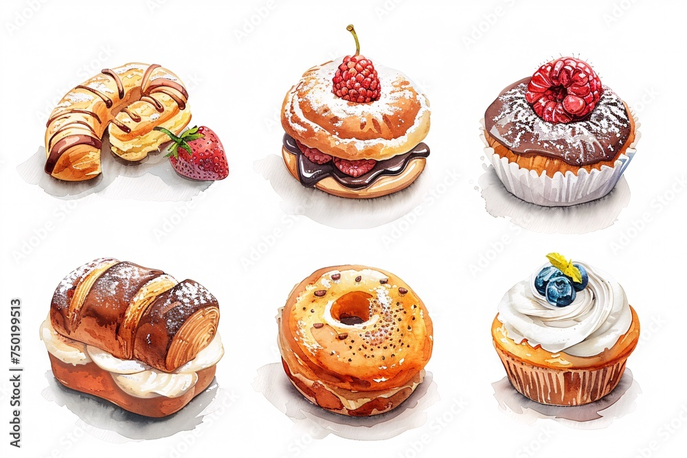 An artistic rendition of a bakery with six distinct watercolor icons, each isolated on a pristine white background
