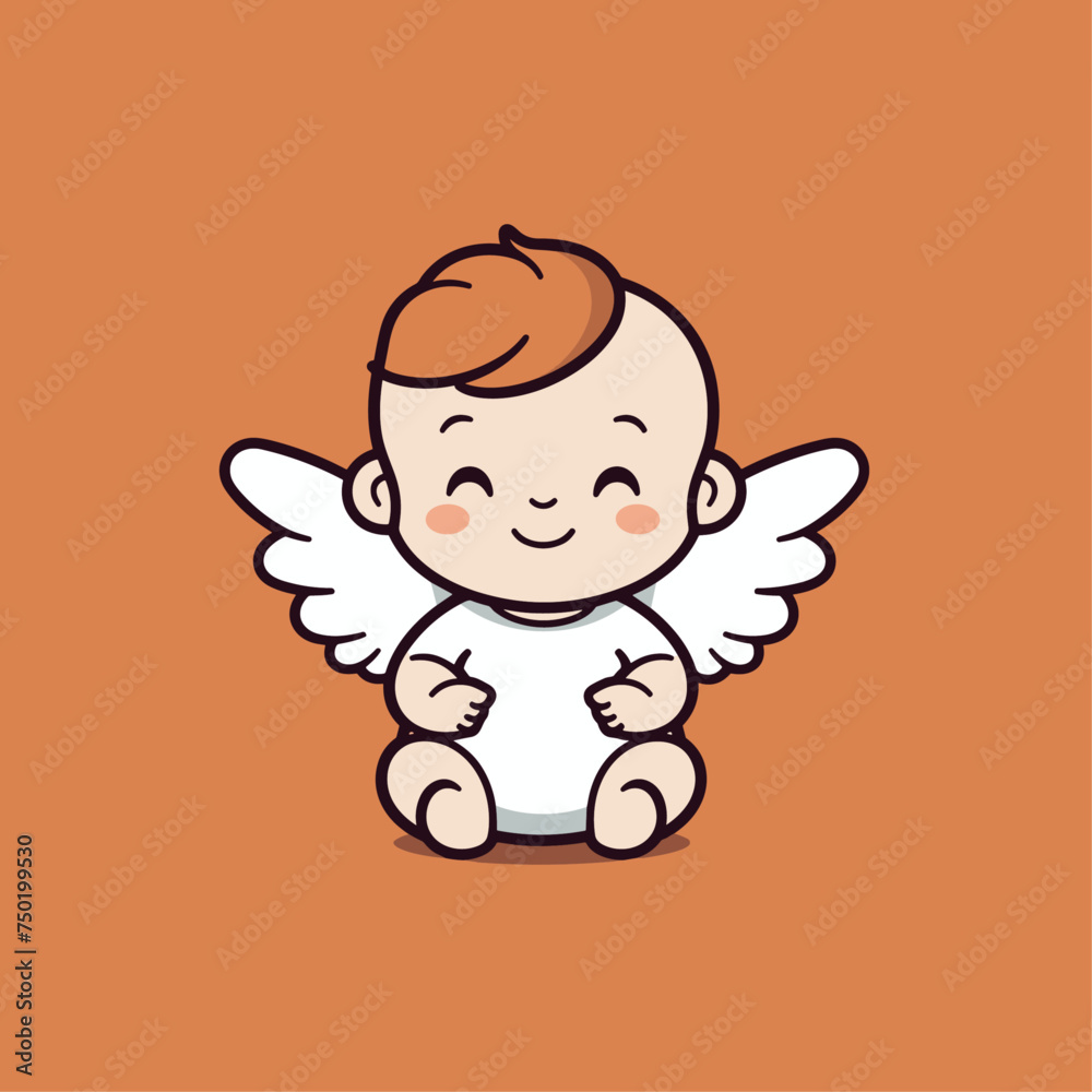 Obraz premium Vector illustration of a cute cherub, angel, Seraphim, adorable biblical character, orange background for stickers, coloring book, printing, laser cutting