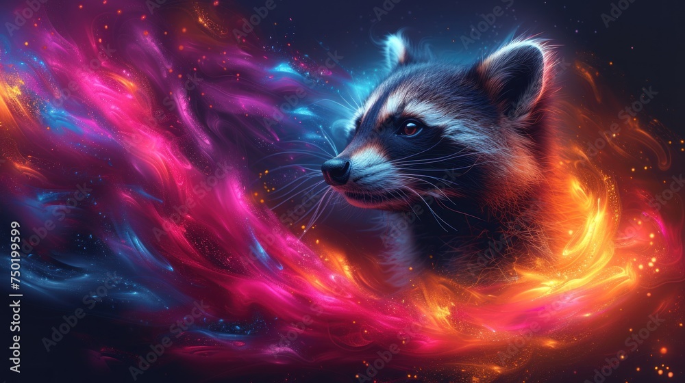  a painting of a raccoon surrounded by colorful swirls of fire and smoke on a black background with a blue, red, yellow, pink, orange, and pink, and blue background.