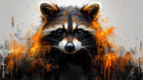  a close up of a raccoon's face with orange and black paint splattered on it's face and in front of a white background.