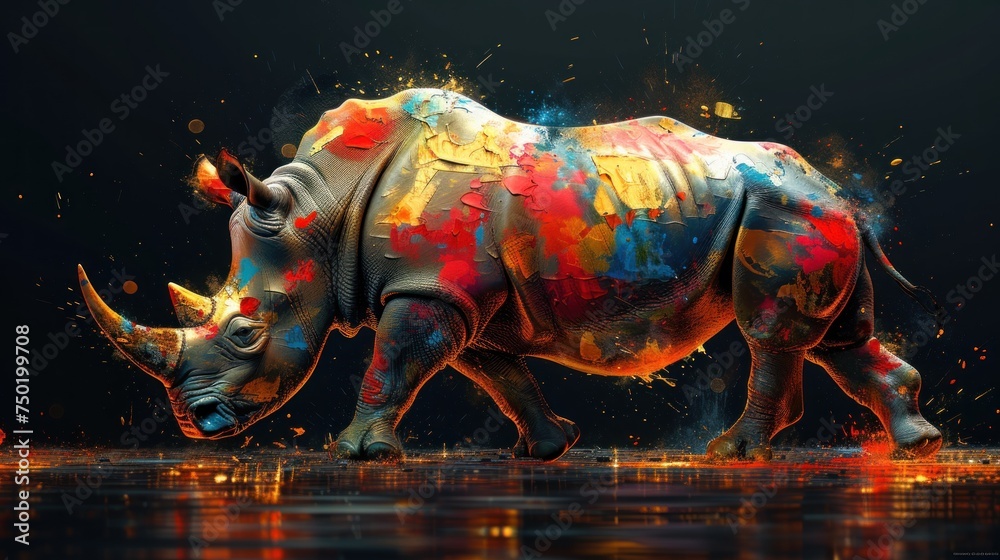  a painting of a rhinoceros with paint splatters all over it's body and neck, with a black background and a reflection of the rhinoceros in the water.