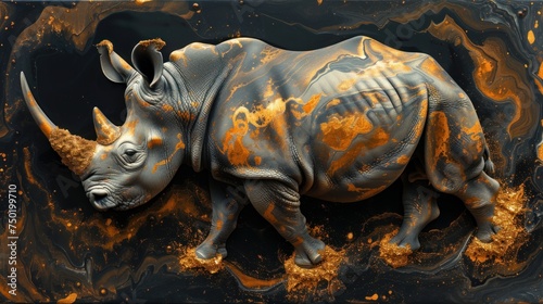 a sculpture of a rhinoceros is shown against a background of orange and black swirls and a black frame with a white rhinoceros on it s face.