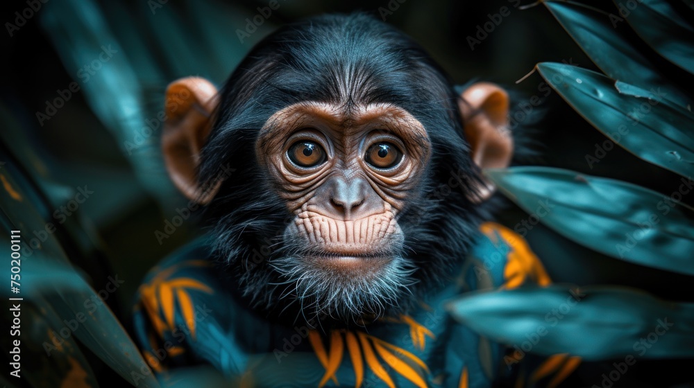 a close up of a monkey's face with leaves in the foreground and in the background, a plant with leaves in the foreground, and in the foreground. a close up of a monkey's face with leaves in the foreground and in the background, a plant with leaves in the foreground, and in the foreground.