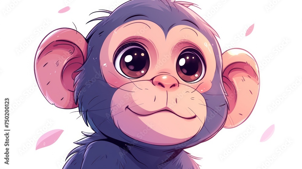  a close up of a monkey's face on a white background with a pink and purple background and a blue monkey's head on the right side of it's face.