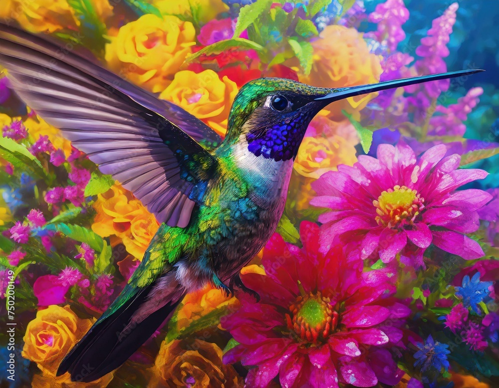 Beautiful dreamy hummingbird with colorful flowers in a fantasy world