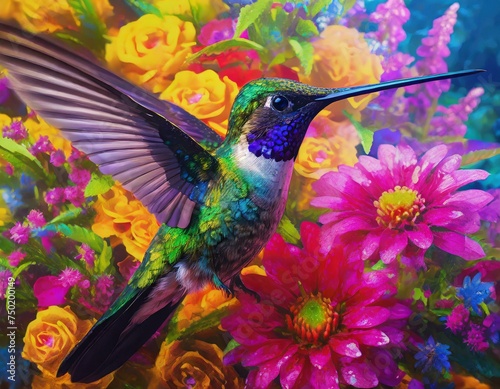 Beautiful dreamy hummingbird with colorful flowers in a fantasy world © SandraSevJarocka