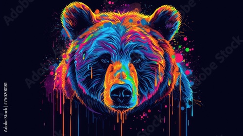  a bear's head is painted with multicolored paint and has a black background and a black background with multicolored paint dripping down the side of the bear's head. © Nadia