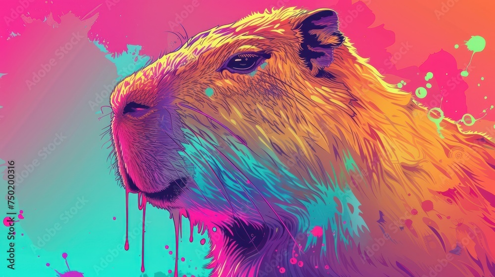 a close up of a bear's face with paint splatters all over it and a pink, blue, yellow, pink, purple, and pink background.