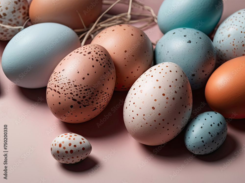 Multicolored eggs lie on the surface on a pink background Multicolored eggs lie on the surface on a pink background