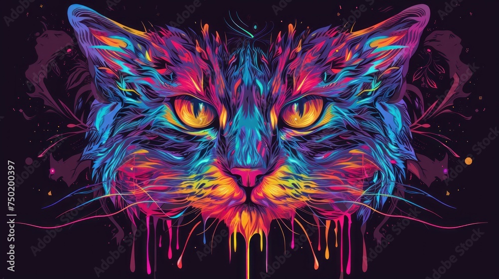  a painting of a cat's face with bright colored paint splatters on the cat's face and the cat's eyes are glowing brightly colored.