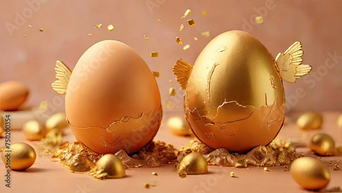 Golden eggs on a yellow background with flying particles