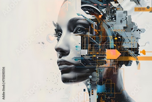 Female robot with abstract tech elements. Digital art collage. Design for poster, banner, social media. Future technology and futurism concept. photo