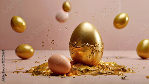 Large and small Easter eggs on a yellow background with flying particles