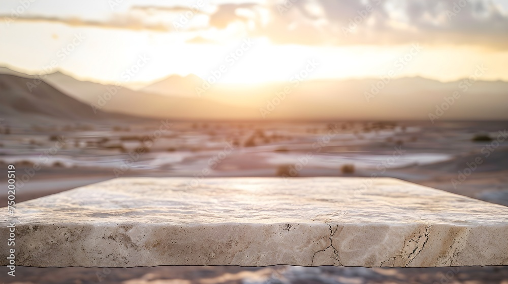Obraz premium Product display mock-up background montage, blurred background, stone table with desert background at sunrise