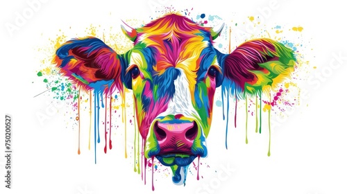  a painting of a colorful cow's face with paint splatters all over it's body and head, with a white background of multi - colored drops of water.