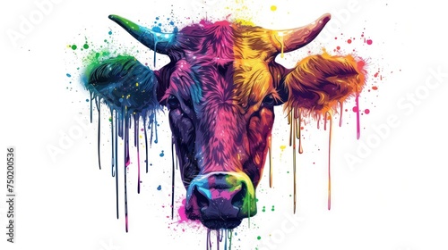  a painting of a cow's head with multicolored paint splatters on the cow's face and the cow's head is looking straight ahead.