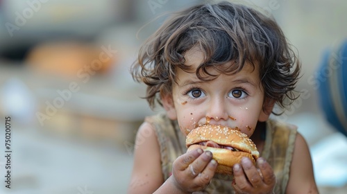 A cute countryside American kid is enjoy eating Hamburger in hands. 