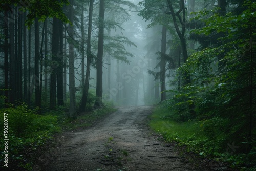 Wooded trail in a misty forest atmosphere - A calm wooded trail sets a mystical atmosphere in a fog-covered forest