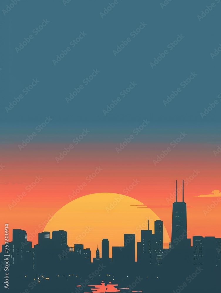 Sunset over minimalist cityscape silhouette - A minimalist cityscape against an oversized sun setting, symbolizing endings and new beginnings
