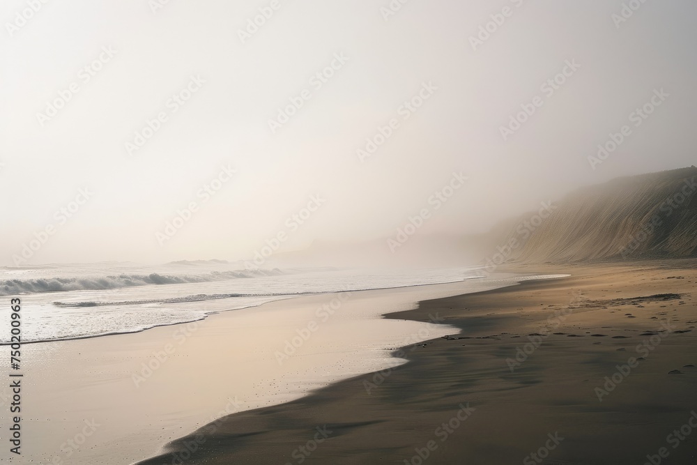 Tranquil beach scene with foggy mist - A peaceful beach and ocean scene enveloped in a soft, foggy mist creates a space for reflection and calm