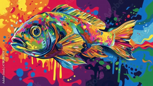  a painting of a colorful fish on a multicolored background with splats of paint on the bottom and bottom of the fish s head and bottom part of its body.
