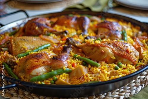 Traditional Spanish paella served in a pan - A vibrant and appetizing image of traditional Spanish paella with chicken, rice, and vegetables