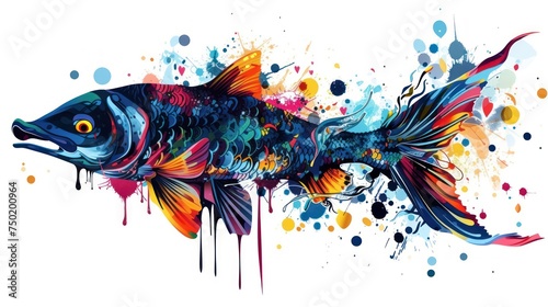  a painting of a fish with paint splatters on it s body and a splash of paint on the side of the fish s body and it s body.