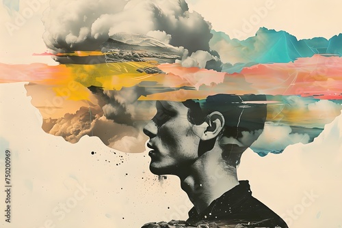 Portrait of man with cloud and sunset. Digital art collage. Design for poster, banner, print. Mental health concept. Representation of calm, balance and freedom photo