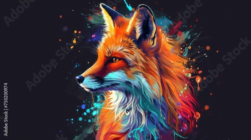  a painting of a fox with colorful paint splatters on it's face and a black background © Nadia