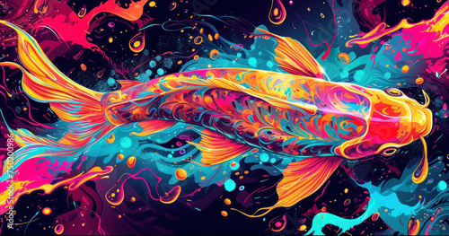  a painting of a goldfish swimming in a pool of water with splashes of paint on it's body and bottom part of the fish's body.