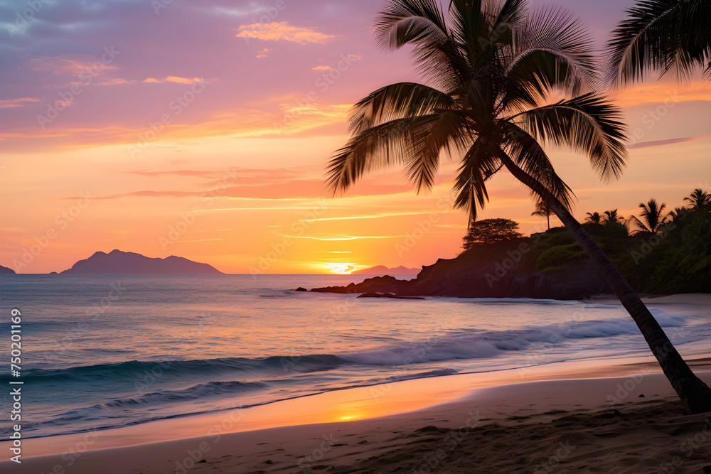A Tranquil Beach at Sunset: The Interplay of Pastel Sky, Palm Silhouettes and Soft Sands