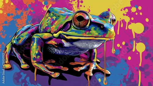  a brightly colored frog sitting on top of a puddle of melted paint on a pink, blue, yellow, and purple background with splats of paint splats.