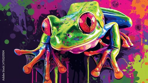  a green frog with red eyes sitting on top of a piece of art covered in multicolored paint splattered on a black background with multi - colored spots.