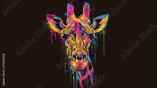  a close up of a giraffe's face with paint splattered on it's face and neck, with a black background of a black background.