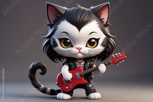 3D cartoon illustration showcases a cute cat in a black leather jacket black hairs, rocking a guitar on a grey background.Promoting live music events, concerts, or music festivals concept.