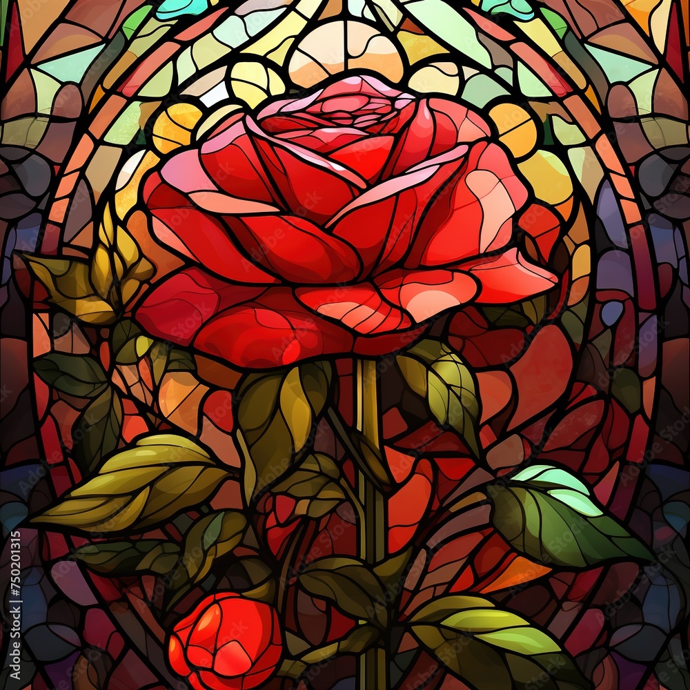 Illustration in stained glass style with a red rose on a dark background, Ai Generated Illustration in stained glass style with a red rose on a dark background, Ai Generated