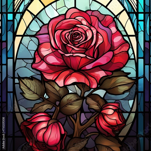 Illustration in stained glass style with a red rose on a blue background  Ai Generated