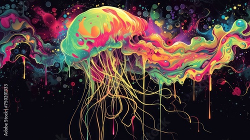  a painting of a jellyfish with multicolored paint splattered on it's head and body, in front of a black background of bubbles and bubbles.