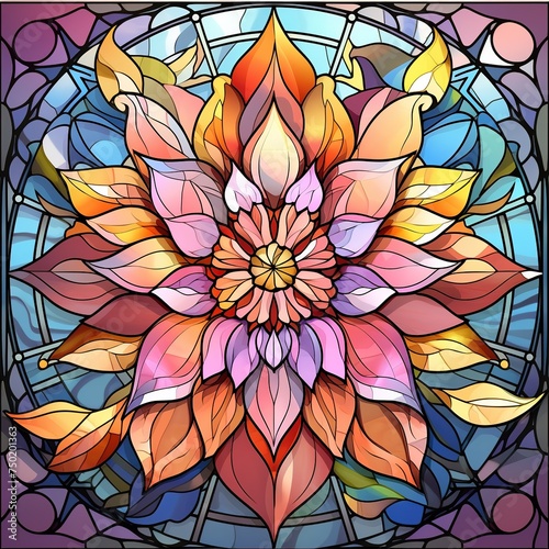 Illustration in stained glass style with abstract floral ornament on a dark background  Ai Generated