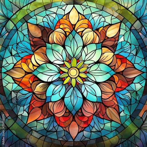 Illustration in stained glass style with abstract floral ornament  bright colors  Ai Generated
