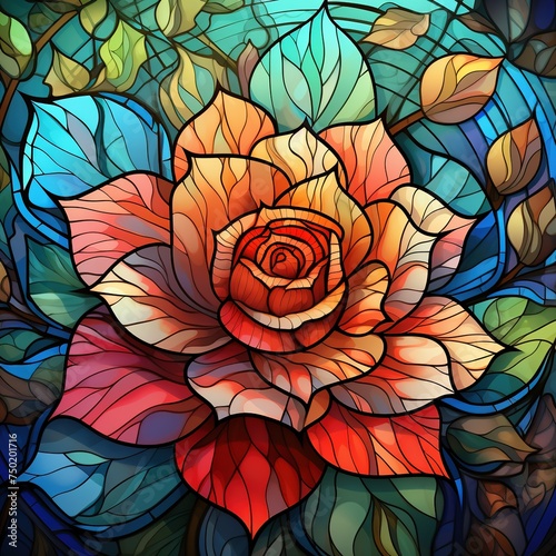Vector illustration of a stained-glass window with a rose on a blue background, Ai Generated