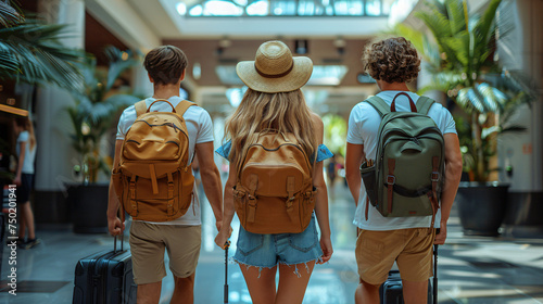 Young group of tourists with suitcases arriving at youth hostel guest house - Happy friends enjoying summer vacation together - Millenial people doing check-in at hotel lobby  photo