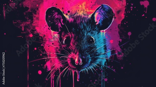  a painting of a rat on a black background with pink, blue, and red paint splattered  © Nadia